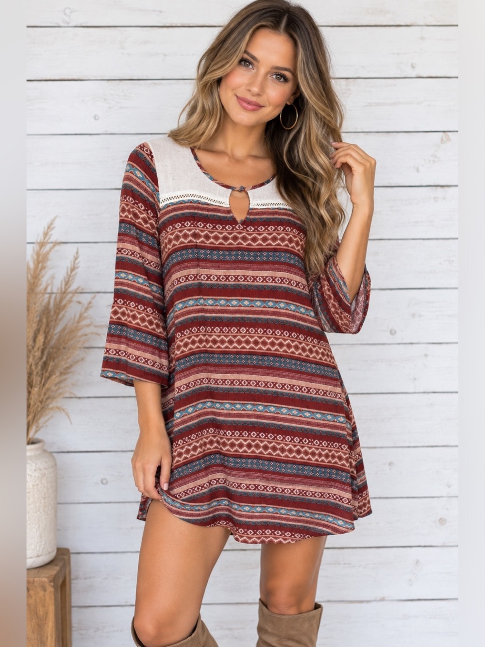 Hem & Thread Tribal Pattern Lace Inset Keyhole Tunic Blouse - Medium